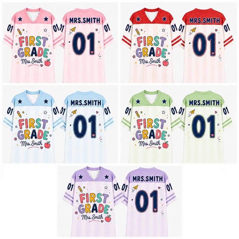 Personalized Grade And Name Preppy Stripes Rainbow Text First Day Teacher Mesh Jersey