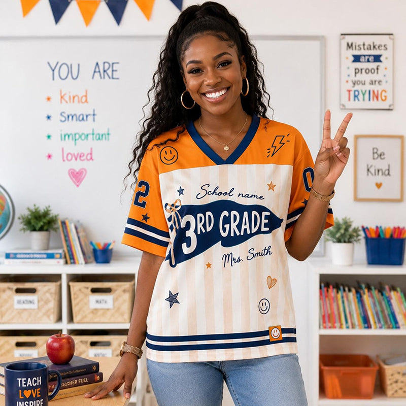 Personalized Grade And Name Preppy Stripes Patchwork First Day Teacher Mesh Jersey