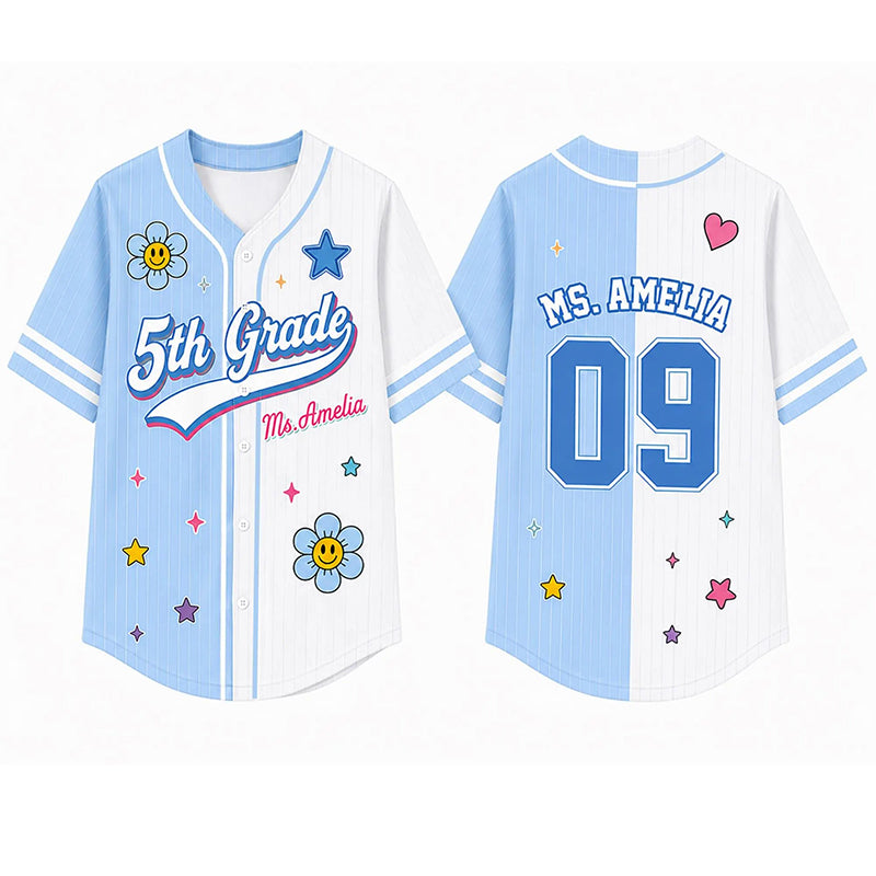 Personalized Grade And Name Flower Star Teacher Baseball Jersey