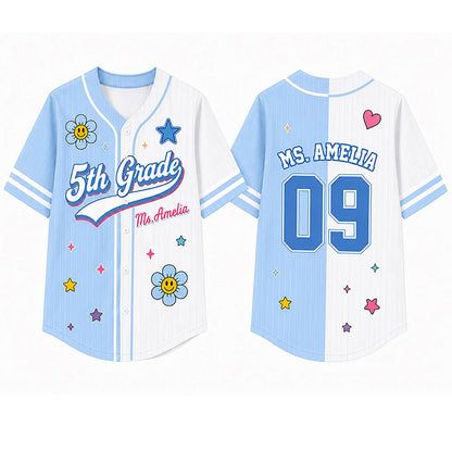 Personalized Grade And Name Flower Star Teacher Baseball Jersey