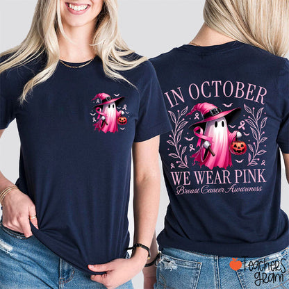 Halloween Beautifully Ghost Picture Breast Cancer Awareness Teacher Two Sided T-Shirt