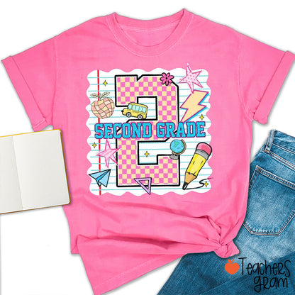 Personalized Pink Plaid And Notebook Style Teacher T-Shirt