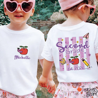 Personalized Name And Grade Apple Preppy Stripes Class Two Sided T-Shirt
