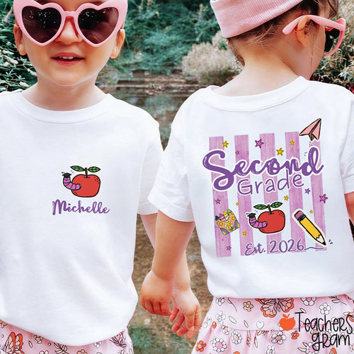 Personalized Name And Grade Apple Preppy Stripes Class Two Sided T-Shirt