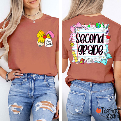 Personalized Grade And Name Pencil Bow Notebook Teacher Two Sided T-Shirt