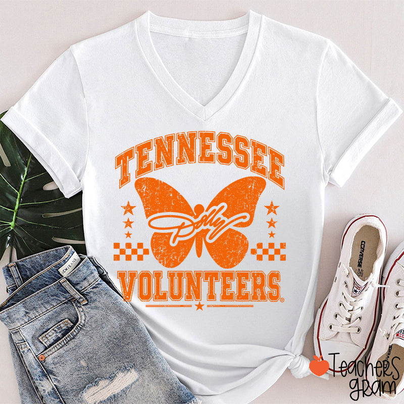 Volunteers Dolly Distressed Butterfly Teacher V-Neck T-Shirt