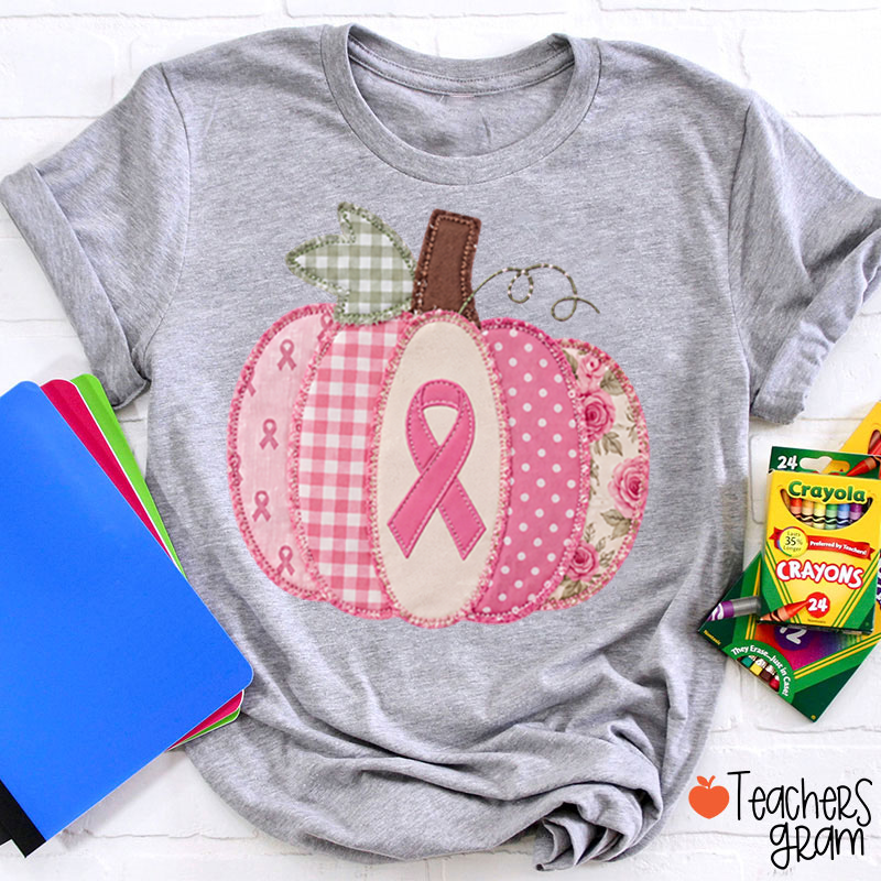 Pink Faux Patchwork Pumpkin Ribbon Teacher T-Shirt