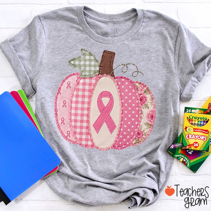 Pink Faux Patchwork Pumpkin Ribbon Teacher T-Shirt