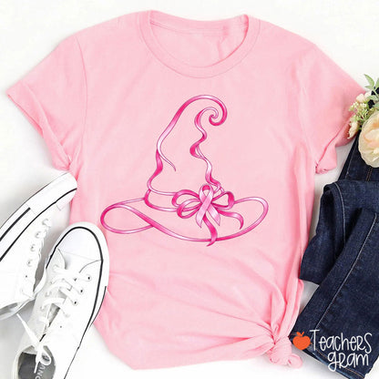 Halloween Witch Hat Pink Ribbon Breast Cancer Support Teacher T-Shirt
