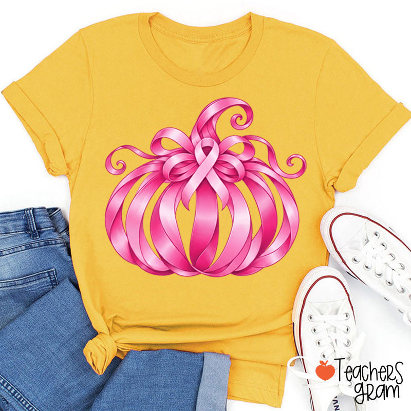 Pink Ribbon Bow Pumpkin Fall Teacher T-Shirt