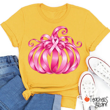 Pink Ribbon Bow Pumpkin Fall Teacher T-Shirt