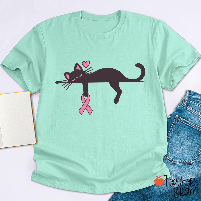 Black Cat With Pink Ribbon Awareness Teacher T-Shirt