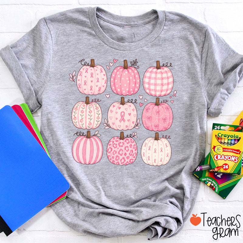 Pink Ribbon Breast Cancer Awareness Grid Pumpkin Teacher T-Shirt