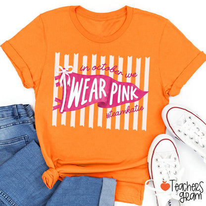 Personalized In October We Wear Pink Pink Stripe Flag Bow Teacher T-Shirt