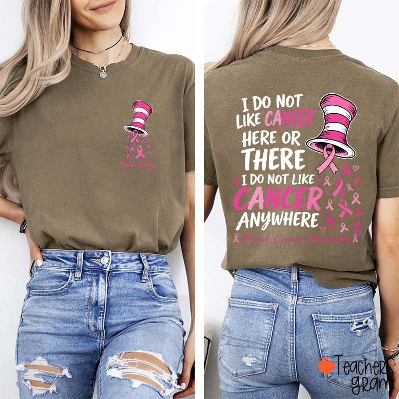 Personalized Team Name Pink Ribbon Striped Hat Teacher Two Sided T-Shirt