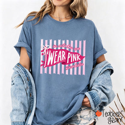 Personalized In October We Wear Pink Pink Stripe Flag Bow Teacher T-Shirt