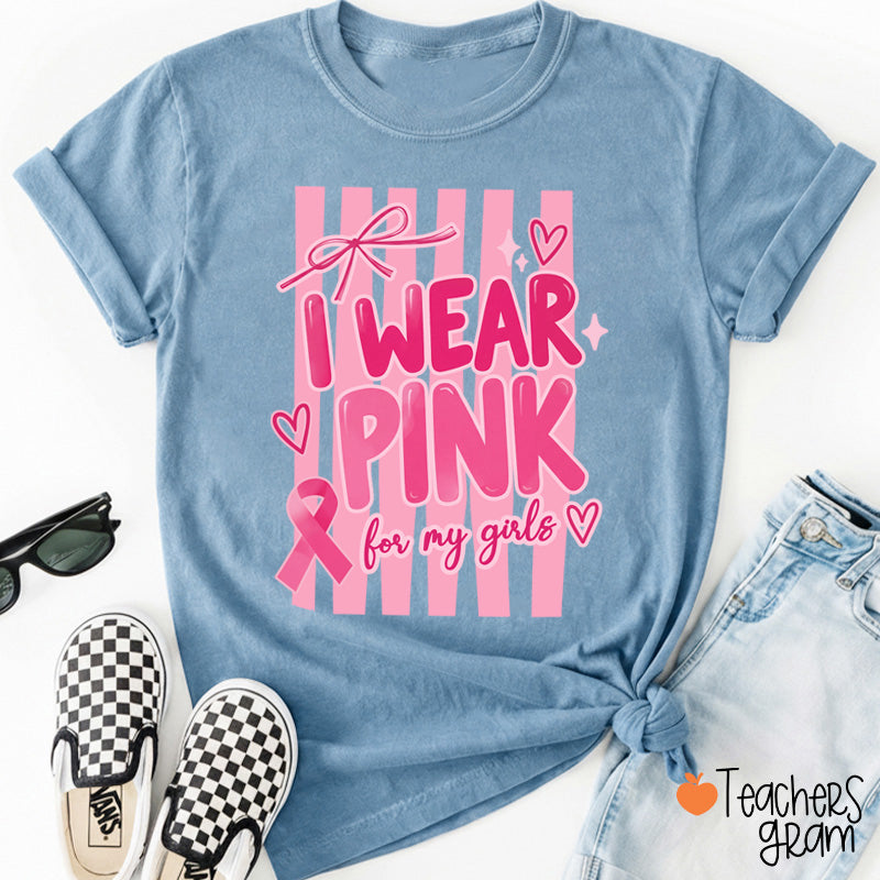 Personalized I Wear Pink For My People Striped Pink Ribbon Teacher T-Shirt