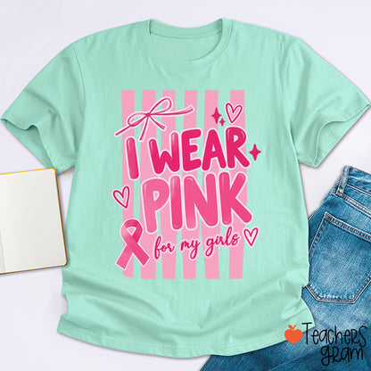 Personalized I Wear Pink For My People Striped Pink Ribbon Teacher T-Shirt