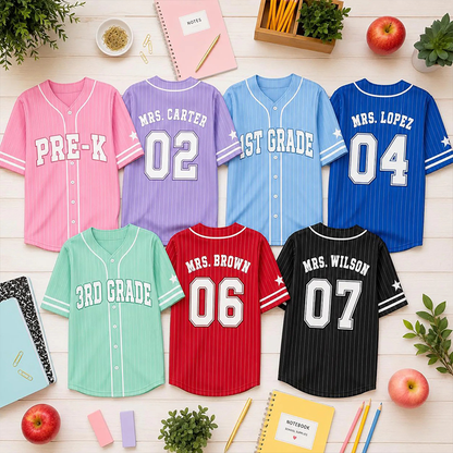 Personalized Grade Number Print Pinstriped Teacher Baseball Jersey
