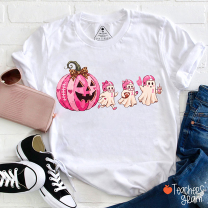 Halloween Pink Ribbon Ghost Football Pumpkin Teacher T-Shirt