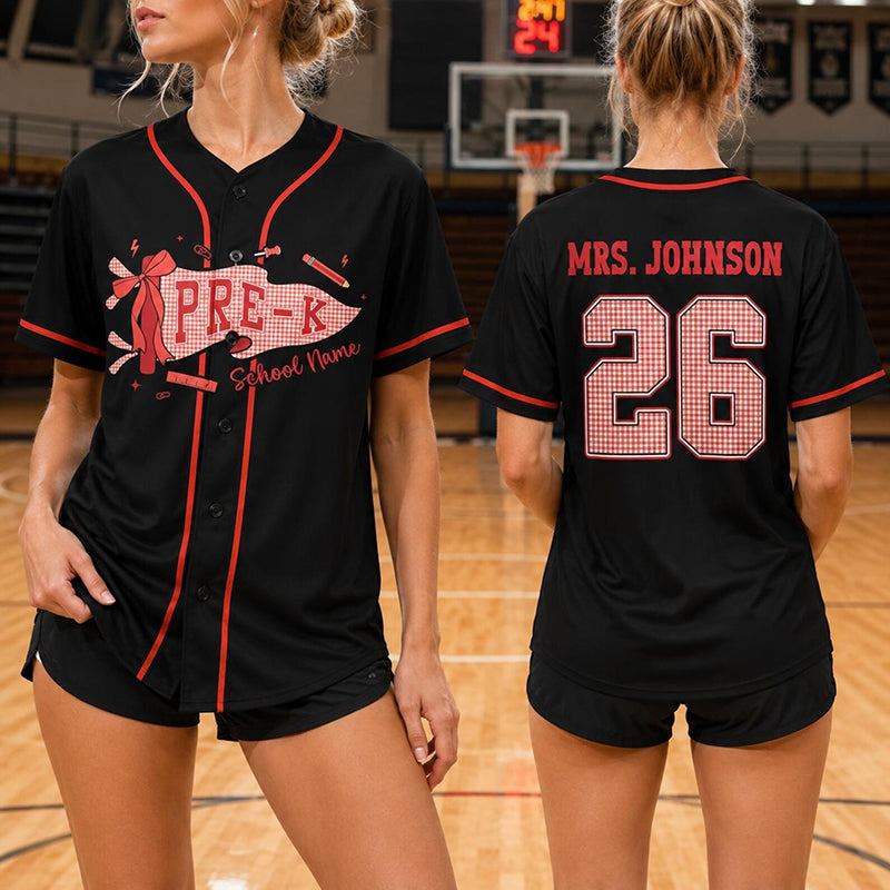 Personalized Greade And Name Coquette Bow Pennant Teacher Baseball Jersey
