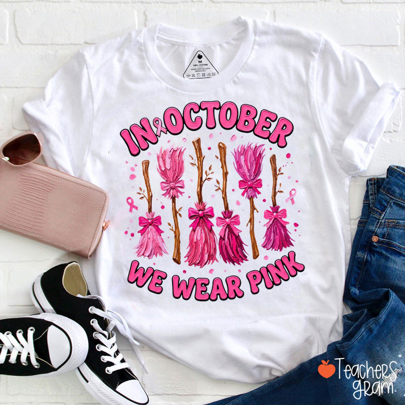 Breast Cancer Awareness Pink Broom Graphic Teacher T-Shirt