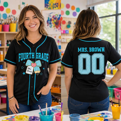 Personalized Grade And Name Pencil Bow Gingham Teacher Baseball Jersey