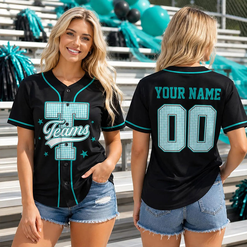 Personalized Mascot Initial Gingham Star Teacher Baseball Jersey