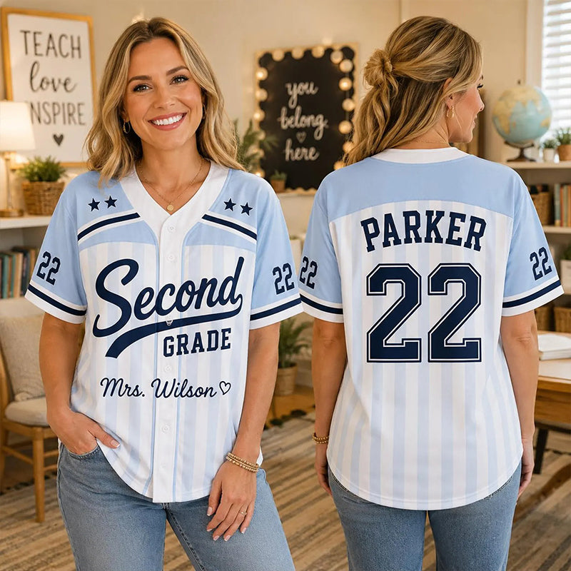 Personalized Grade And Name Preppy Color Block Stripes Script First Day Teacher Baseball Jersey