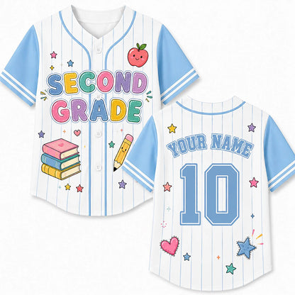 Personalized Grade And Name Preppy Stripes Books Apple Pencil Teacher Baseball Jersey