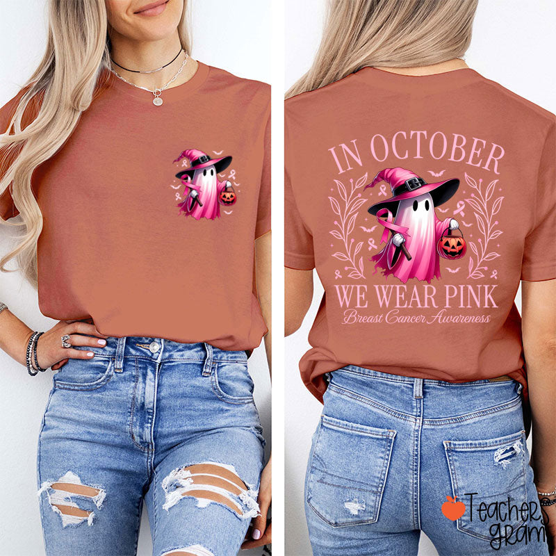 Halloween Beautifully Ghost Picture Breast Cancer Awareness Teacher Two Sided T-Shirt