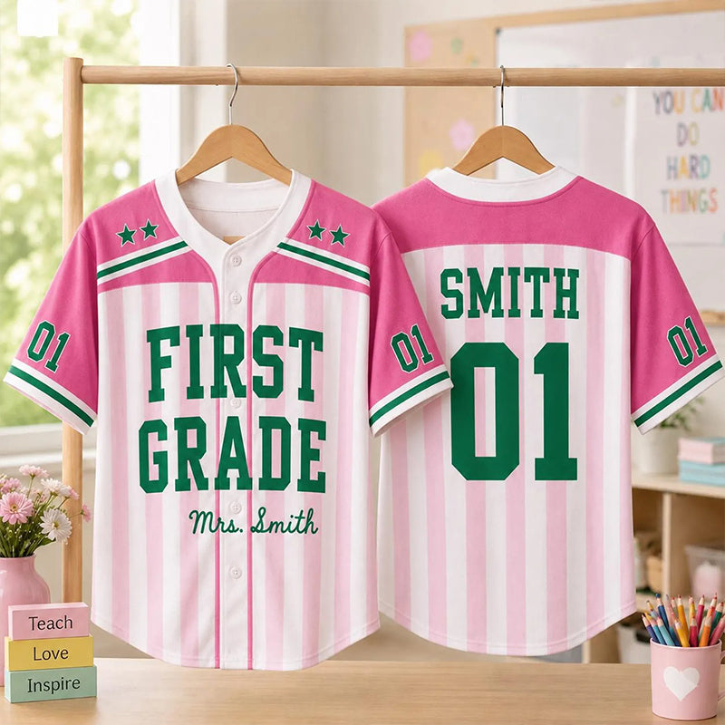 Personalized Grade And Name Vertical Stripe Star Number Teacher Baseball Jersey