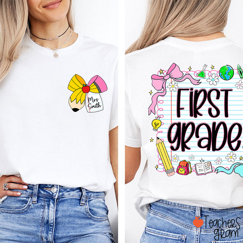 Personalized Grade And Name Pencil Bow Notebook Teacher Two Sided T-Shirt