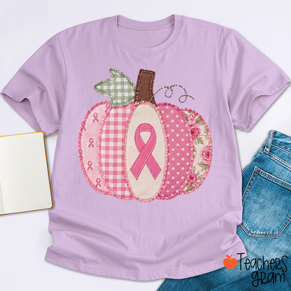 Pink Faux Patchwork Pumpkin Ribbon Teacher T-Shirt