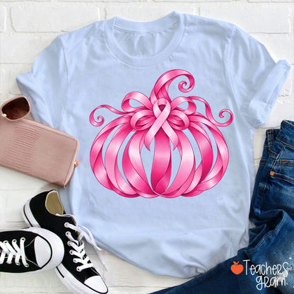 Pink Ribbon Bow Pumpkin Fall Teacher T-Shirt
