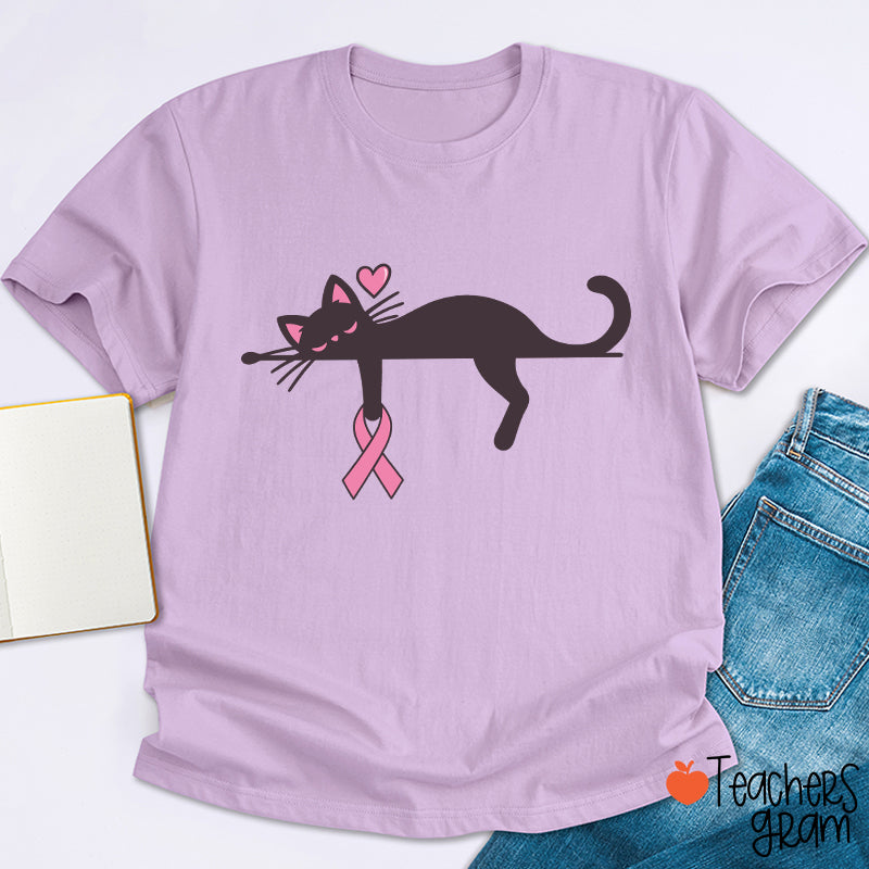Black Cat With Pink Ribbon Awareness Teacher T-Shirt