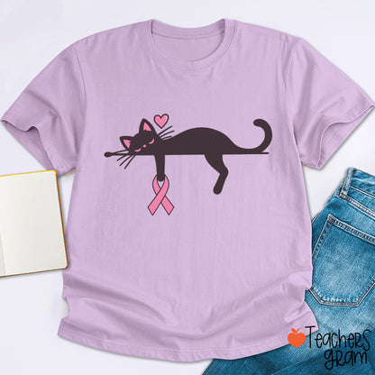 Black Cat With Pink Ribbon Awareness Teacher T-Shirt