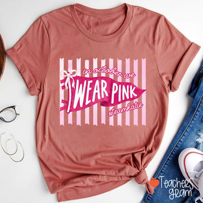 Personalized In October We Wear Pink Pink Stripe Flag Bow Teacher T-Shirt