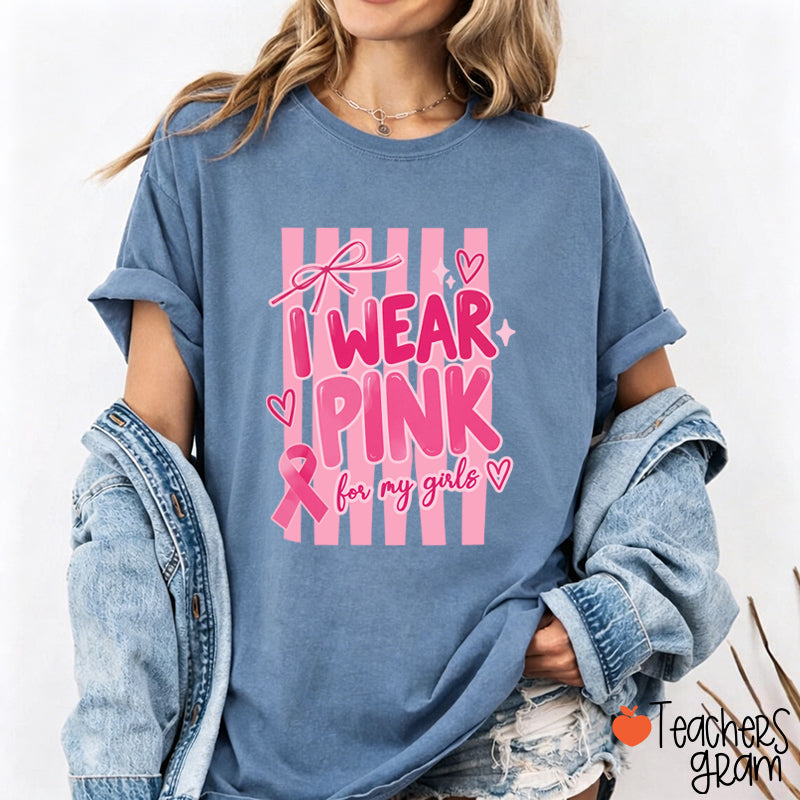 Personalized I Wear Pink For My People Striped Pink Ribbon Teacher T-Shirt