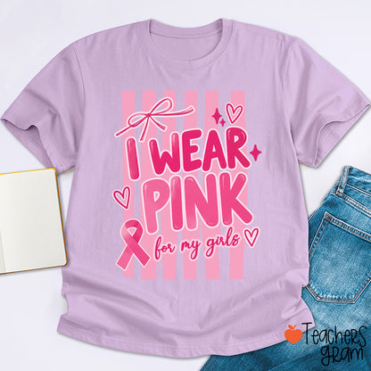 Personalized I Wear Pink For My People Striped Pink Ribbon Teacher T-Shirt