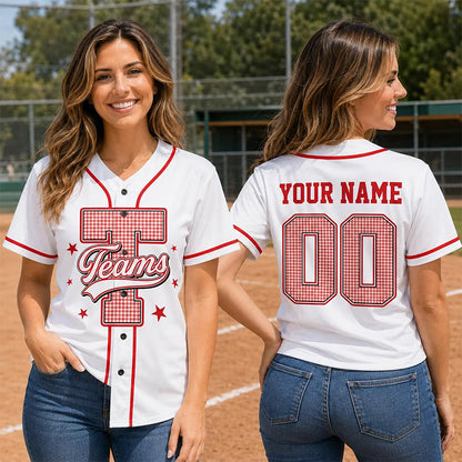 Personalized Mascot Initial Gingham Star Teacher Baseball Jersey
