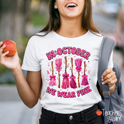 Breast Cancer Awareness Pink Broom Graphic Teacher T-Shirt
