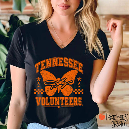 Volunteers Dolly Distressed Butterfly Teacher V-Neck T-Shirt