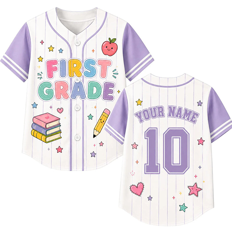 Personalized Grade And Name Preppy Stripes Books Apple Pencil Teacher Baseball Jersey