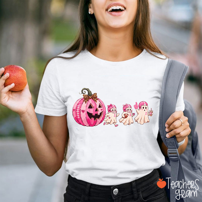 Halloween Pink Ribbon Ghost Football Pumpkin Teacher T-Shirt