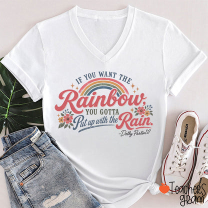 Dolly Rainbow Quote Floral Teacher V-Neck T-Shirt