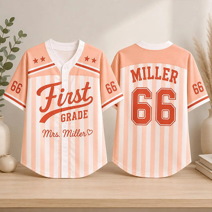 Personalized Grade And Name Preppy Color Block Stripes Script First Day Teacher Baseball Jersey
