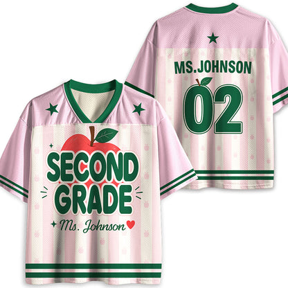 Personalized Grade And Name Pencil Preppy Stripes Teacher Mesh Jersey