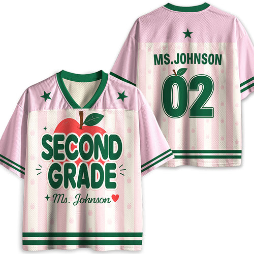 Personalized Grade And Name Pencil Preppy Stripes Teacher Mesh Jersey