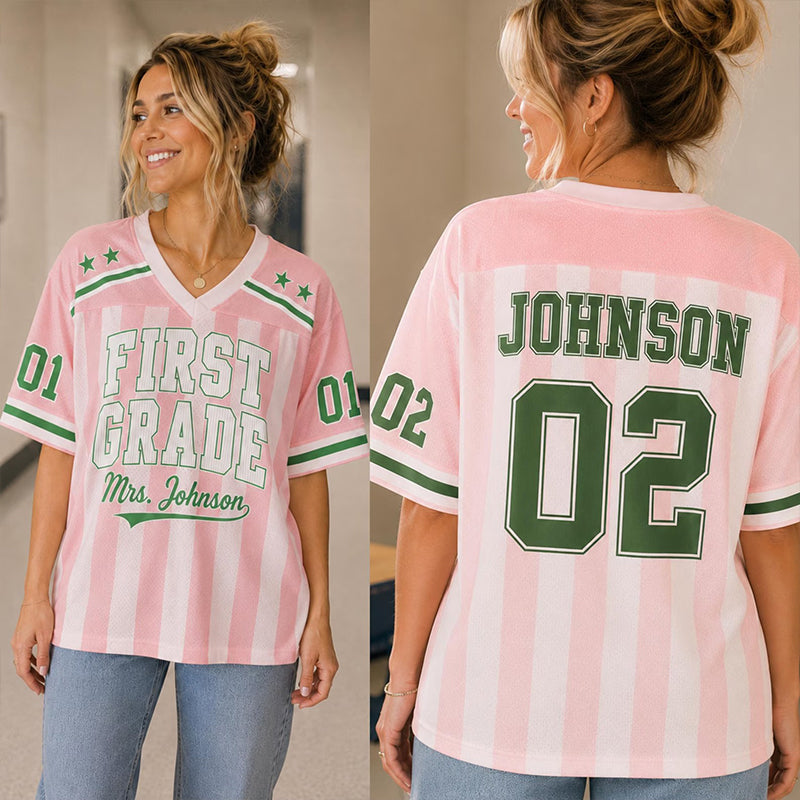 Personalized Grade Name And Number Vertical Stripe Teacher Mesh Jersey